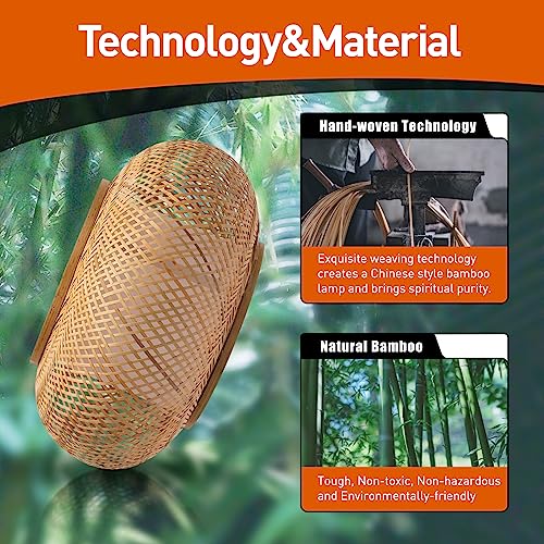16" Bamboo Wicker Lampshade Rattan Pendant Light, Drum Shape Pendant Light Hanging Fixture Light, Hanging Light Chandelier for Farmhouse Hallway Entryway Porch