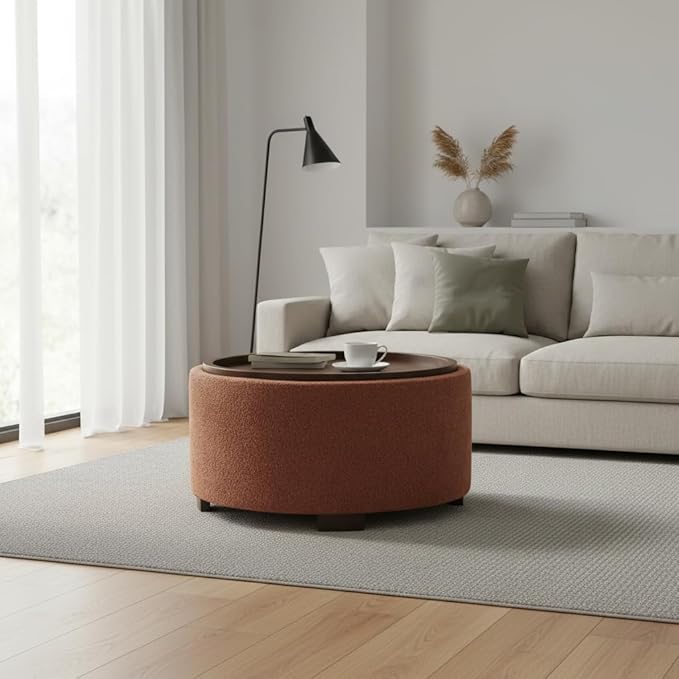 30 Inch Round Storage Ottoman Coffee Table, Modern Boucle Ottoman with Lift-Off Lid and Solid Wood Legs for Living Room, Bedroom, Corners, Apartments (Orange)