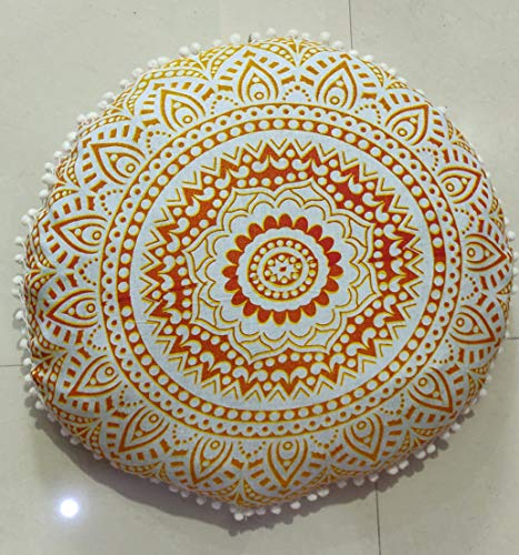 CRAFT KALA Mandala Floor Pillow Cushion Cover Seating Throw Cover Hippie Decorative Bohemian Ottoman Poufs Pom Pom Pillow Cases Boho Indian Cotton Living Room Yoga Home Décor (24" Round, Yellow Ombre) - color: Yellow Ombre, size: 24" x 24" (Pack of 1)