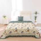 Boho 100% Organic Cotton Muslin Throw Blanket 50" x 60" - All Season Rustic Ultra Soft Breathable Floral Bird Blanket for Bed Sofa Couch Chair Bedspread Quilt Gift-Teal/Beige