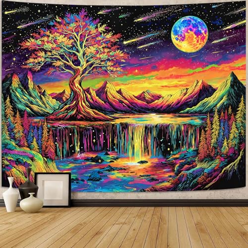 Zussun Blacklight Tree of Life Tapestry UV Reactive Moon Mountain Forest Waterfull Tapestry for Bedroom Aesthetic Nature Small Tapestries Wall Hanging for Dorm Living Room Decor 60 x 44 Inch - color: Warm Red, size: 60"L x 44"W