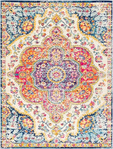 Livabliss Area Rugs - 2x3 Romaine Vintage Boho Fuchsia Mustard Blue Area Rug for Living Room Bedroom - Floral Medallion Stain Resistant Carpet for Kitchen, Nursery, Office (2' x 3') - color: Orange, size: 2' x 3' (Rectangular)