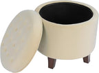 Homepop Home Decor | Upholstered Round Velvet Tufted Foot Rest Ottoman | Ottoman with Storage for Living Room & Bedroom | Decorative Home Furniture, Cream Small