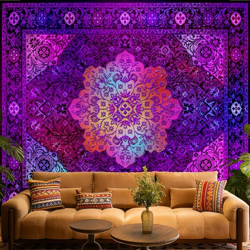 Tichgeim Blacklight Mandala Tapestry for Bedroom Aesthetic, Black Light Hippie Boho Floral Art Poster Tapestries, UV Indian Medallion Bohemian Wall Hanging Decor for Living Room Dorm 60" L x 51" W - color: Blacklight Mandala Tapestry, size: 60"L x 51"W