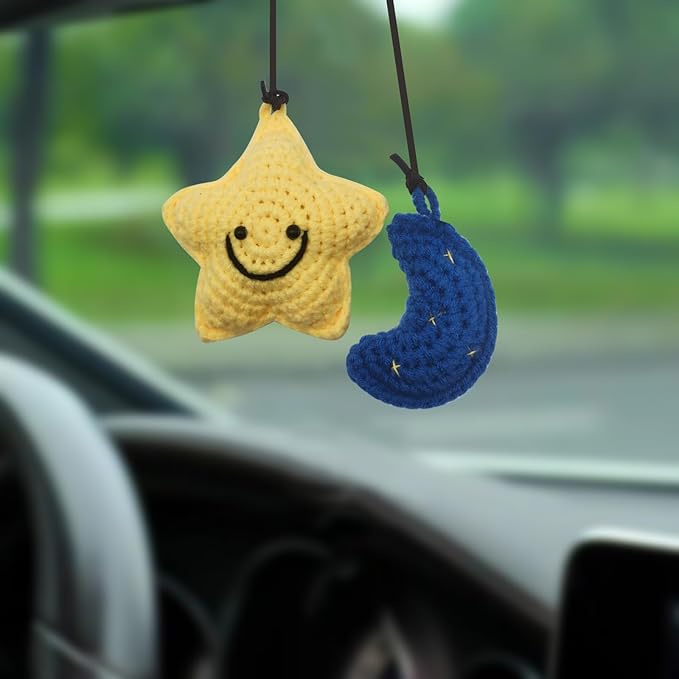 Car Rearview Mirror Hanging Ornament, Crochet Flower Basket Plant Accessories, Handmade Knitted Car Ornament Boho Accessories for Women (Star and Moon)