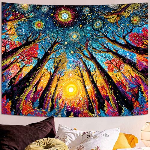 Kanuyee Trippy Glowing Tree Wall Tapestry, Hippie Forest Tapestries for Room Decor, Vibrant Tapestry 60x44 Inch - color: Cosmic Blue Orange, size: 60"L x 44"W