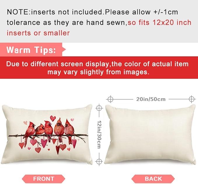 RABUSOFA Valentines Pillow Covers 12x20 inch Valentines Day Decoration Red Love Heart Cardinal Anniversary Wedding Lumbar Throw Pillowcase for Couch Home Decor