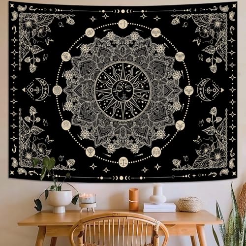 Lunerfex Sun and Moon Mandala Tapestry Boho Tapestry for Bedroom Black and White Tapestries Wall Hanging Living Room Wall Art and Home Decor 44x60 - color: Black and White, size: 60"L x 44"W