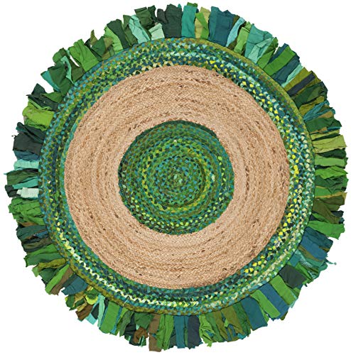 SAFAVIEH Cape Cod Collection 5' Round Green / Natural CAP701Y Handmade Boho Fringe Jute & Cotton Area Rug - color: Green/Natural, size: 5' (Round)
