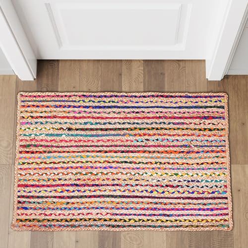 Hausattire Bohemian Braided Rug 2'x3' - Multi Color, Small Farmhouse Jute Cotton Area Rag Rugs for Entryway, Kids Playroom, Front Door | Colorful Hand Woven Reversible Accent Mat - 24x36 Inch - color: Multi Color, size: 2' x 3' (Rectangular)