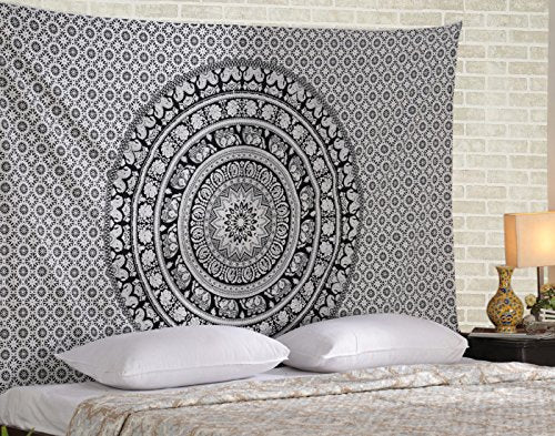 RAJRANG Boho Small Mandala Tapestry 60x50 Inches Black and White Aesthetic Elephant Tapestries Hippie Bohemian Cotton Wall Hanging Decor - color: Black & White, size: 60"L x 50"W