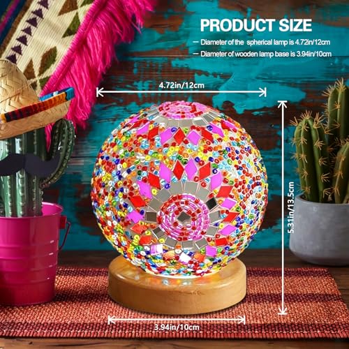 Turkish Moroccan Light Vintage Stained Glass Globe Lamp 5V USB Power Dimmable Bohemian Lights for Kids Room Small Mosaic Night Light Romantic Date Unique Holiday Gift (Boho-Pink, Boho) 4.72"*5.31" - style: Vintage