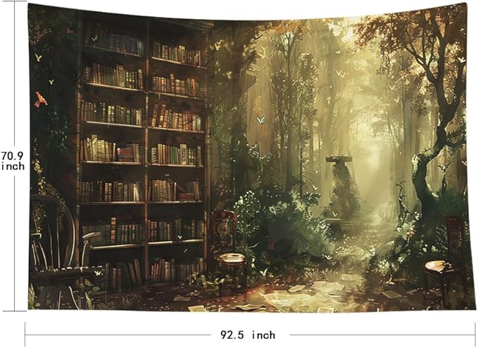 EMMTEEY Enchanting Forest Tapestry 92.5X70.9 Inch - Library Bookshelf Wall Decor for Living Room Medieval Dark Academia Backdrop for Students Women