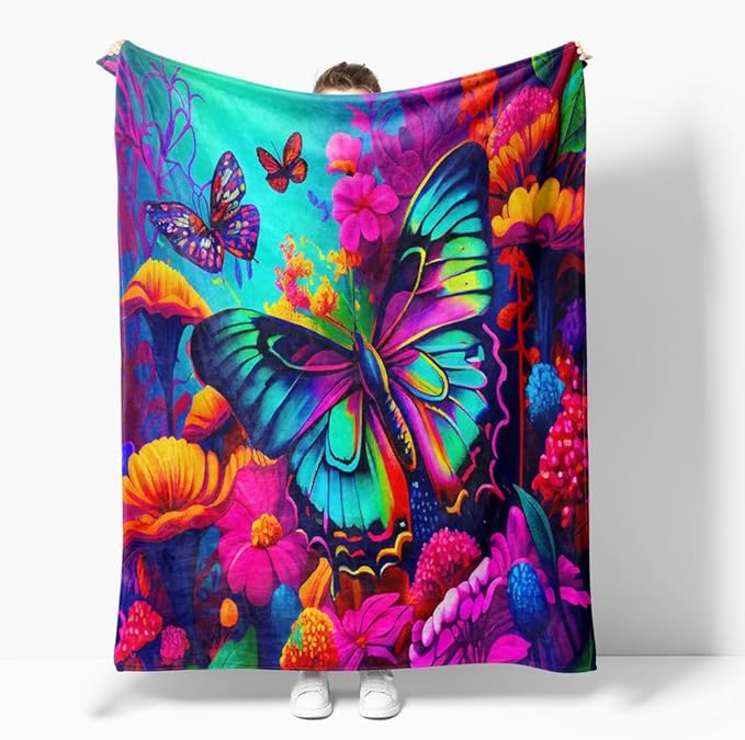 Pink Butterfly Fleece Throw Blanket, Rainbow Flying Butterfly Plush Blanket for Bed and Couch, Warm Fuzzy Cozy Throws for Kids and Adults 70"x80"