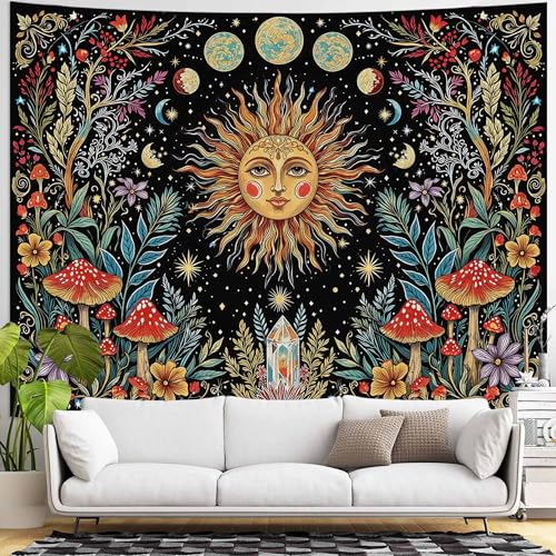 Accnicc Boho Sun and Moon Tapestry Hippie Mushroom Floral Tapestry for Bedroom Aesthetic Vintage Plant Celestial Spiritual Extra Large Tapestries Wall Hanging for Dorm Living Room Decor 90 x 68 Inch - color: Yellow Red, size: 90"L x 68"W