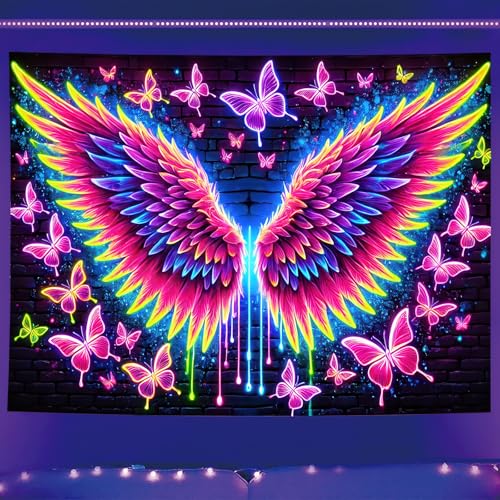 Starlit Patio Blacklight Angel Wings Tapestry UV Reactive Glow in The Dark Butterflies Wall Hanging Trippy Fluorescent Neon Art Poster for Bedroom Living Room Dorm Aesthetic Decor 78 x 59 Inches - color: Angel Wings