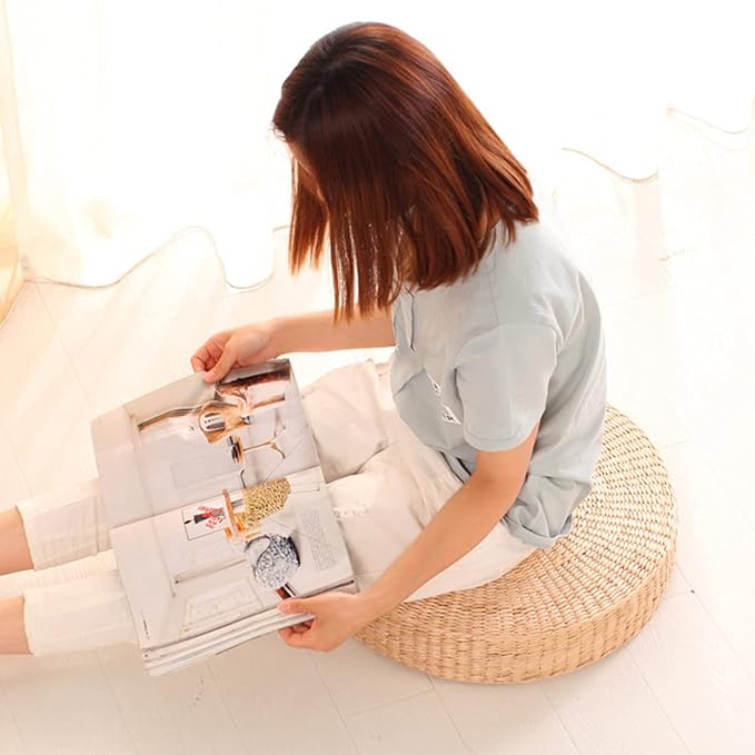 Comfortable Round Seat Cushion, Natural Straw Pouf Tatami Floor Pouf, Meditation Cushion 45cm