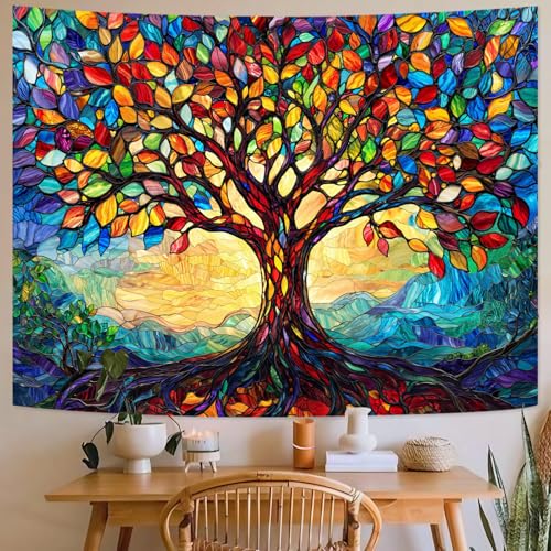 Lunerfex Tree of Life Tapestry Stained Glass Tapestry Wall Decor Tapestries for Bedroom Art Tapestries Wall Hanging for Bedroom Living Room Glass-Tree-01 60"x80" - color: Colorful Blue, size: 80"L x 60"W