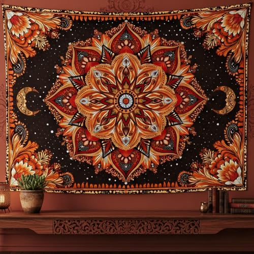 Accnicc Mandala Floral Tapestry Wall Hanging Boho Orange Red Tapestry Aesthetic Hippie Vintage Bohemian Flower Celestial Indian Cute Small Tapestries for Bedroom Living Room Dorm Decor 60 x 44 Inch - color: Burnt Orange, size: 60L" x 44W"