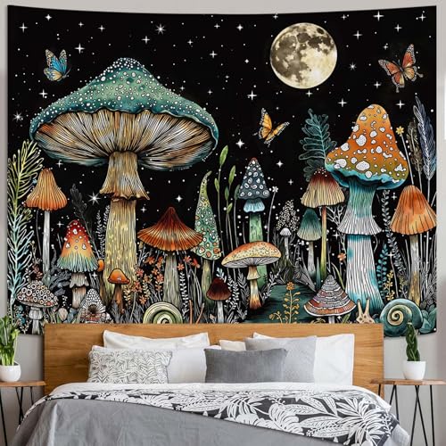 Accnicc Vintage Mushroom Tapestry Hippie Plant Butterfly Wall Tapestry for Bedroom Aesthetic Fantasy Moon Starry Night Snail Small Tapestries Wall Hanging for Dorm Living Room Decor 60 × 44 Inch - color: Black Blue, size: 60"L x 44"W