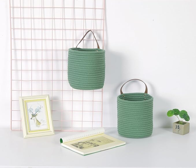 2pack Small Hanging Basket-Cotton Rope Wall Basket with Handle, Hanging Storage Baskets, Shelf Baskets Storage Bin Closet Organizer - 6.3" x 7", Woven Plant Basket (Green)