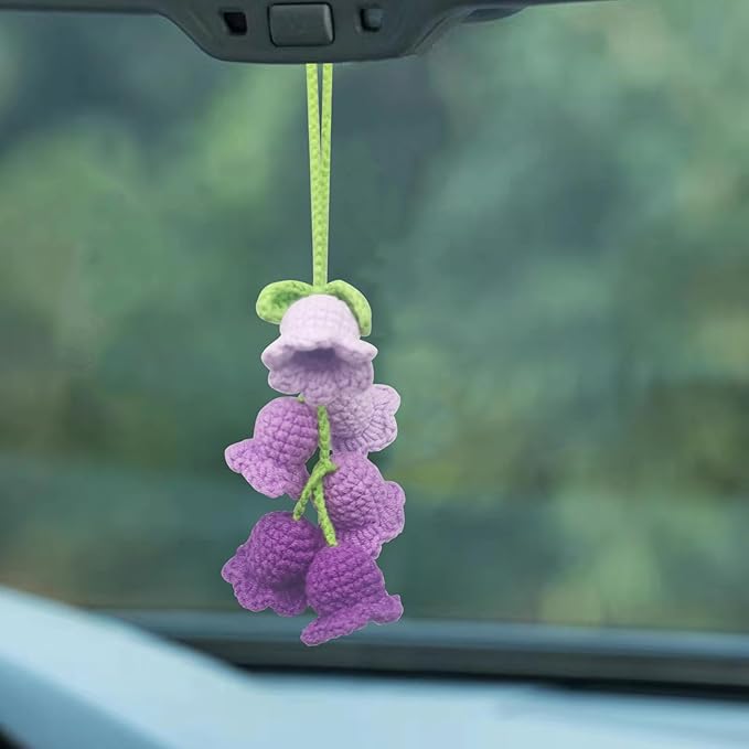 Car Rearview Mirror Hanging Ornament, Crochet Flower Basket Plant Accessory, Handmade Knitted Car Ornament Boho Accessory for Women (Lily of The Valley(Purple))