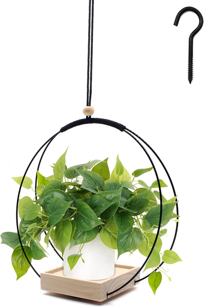 Hanging Planter for Indoor Plants,Plant Hanger with Wood Base,Boho Macrame Hanging Plant Holder,Wall Ceiling Window Hanging Plant Holder,Home Décor, Black, Round(Plants/Pots Not Included)