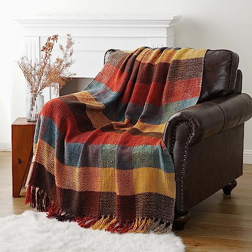 BATTILO HOME Fall Plaid Throw Blanket for Couch, Colorful Throw Blankets, Orange Checkered Throw Blanket for Chair Bed Sofa Rustic Home Decor Fall Decor, 50"x60" - color: Yellow&red