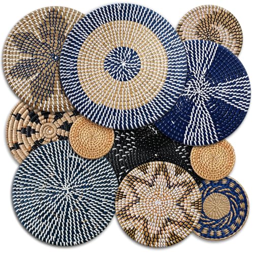Tatuo 11 Pcs Boho Wall Basket Decor Bulrush Woven Wall Hanging Art Round Farmhouse Rustic Handmade Wicker for Summer Home, Bedroom, Living Room, Kitchen Decorations, Multi Sizes(Blue) - style: Blue