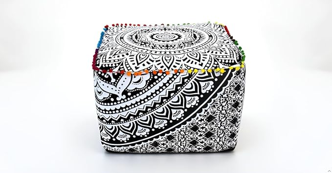 CRAFT KALA Large Hippie Mandala Meditation Floor Ottoman Pillow Cushion Pouf Cover Square Poufs Cover Bohemian Floor Cushion Case Outdoor Fireplace Yoga Living Room Decor 22X22X14 inches, Grey Ombre