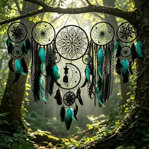 Set of 5 Boho, Hanging Large Boho Dream Catcher Wall Hanging Moon Dream Catcher Set Dream Catchers Wall Decor for Vintage Wedding Home Decorations (Black Blue) - color: Black Blue