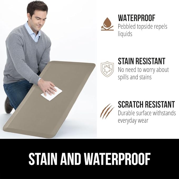 GORILLA GRIP Comfortable Cushioned Kitchen Mats for Floor, 48x20, Waterproof and Stain Resistant Soft Top, 3/4 Inch Thick Ergonomic Standing Desk Anti Fatigue Mat, Foam Supports Ankles and Feet, Taupe