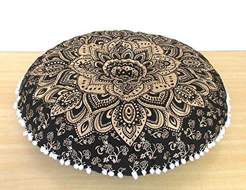 32" Gold Mandala Barmeri Large Floor Pillow Cover Cushion Meditation Seating Ottoman Throw Cover Hippie Decorative Zipped Bohemian Pouf Ottoman Poufs, Pom Pom Pillow Cases (BLACK Gold, 32 inch Round) - color: Purple Gold, size: 32" Round