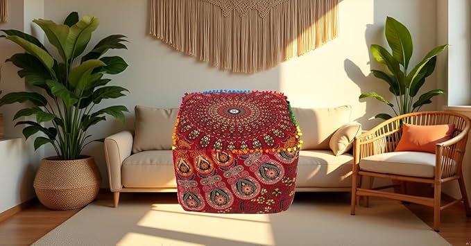 CRAFT KALA Large Hippie Mandala Meditation Floor Ottoman Pillow Cushion Pouf Cover Square Poufs Cover Bohemian Circle Floor Cushion Case Outdoor Fireplace Living Room Decor 22X22X14 inches, Red Mirchi