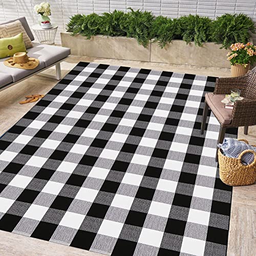 Bottalive Buffalo Plaid Outdoor Rugs, 5'x7' Black and White Checkered Area Rug, Washable Cotton Woven Indoor/Outdoor Rug for Farmhouse/Patio/Front Porch/Living Room/Laundry Room/Bedroom Décor - color: Black and White Plaid, size: 5' x 7' (Rectangular)