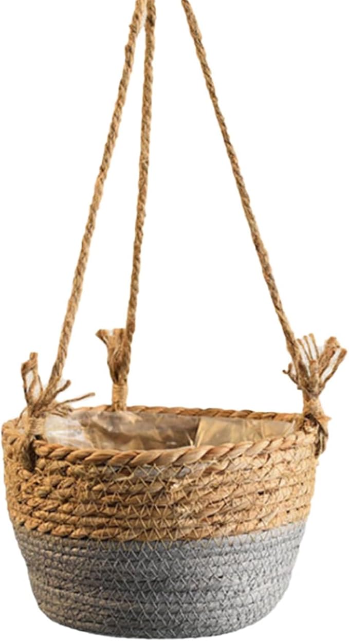 Ejoyous Hanging Planter Basket, Rustic Woven Flower Hangers for Indoor and Outdoor Plants Boho Style Hanging Straw Basket for Porches and Patio Decor (1pcs)