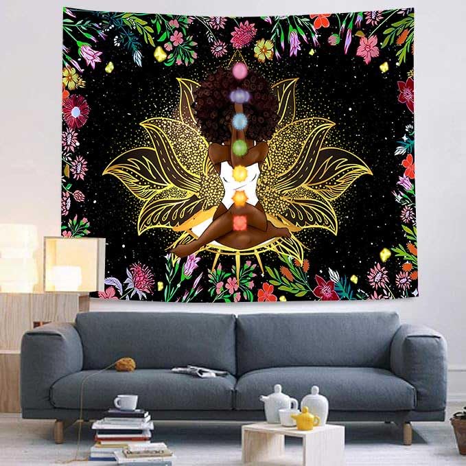 Ine Ive African Chakra Tapestry African American Woman Zen Meditation Poster Starry Sky Flower Garden Inspirational Afro Yoga Wall Art Tapestry for Bedroom Dorm Decor (60x60 inch) - size: 60x60 inch