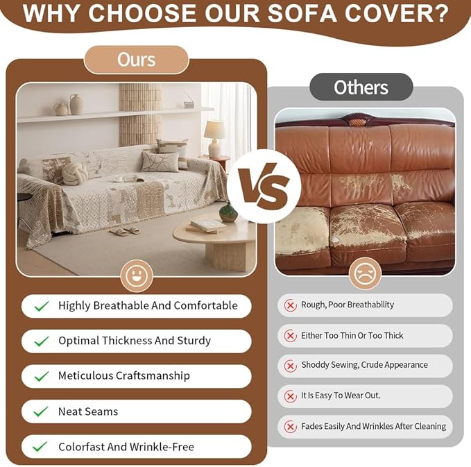 ROOMLIFE Boho Khaki Couch Covers for 3 Cushion Sofa, Chenille Couch Cover Sectional Sofa Cover for Dog, Washable Furniture Sofa Protector Cover Soft Blanket with Tassel for Living Room, 71 '' X 118''