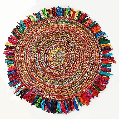 GRUHUM Jute Area Rug 6ft-Natural Fiber Round Cotton Fringes Handmade Boho Multicolour Soft Braided Rustic Vintage for Indoor Outdoor Kitchen Bedroom Living Room Hallways Enterway (6'ft Round) - color: Red/Multicolor 31, size: 6' (Round)