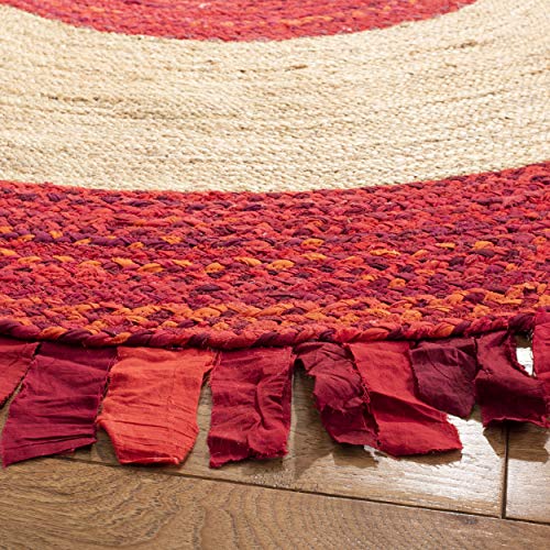 SAFAVIEH Cape Cod Collection 4' Round Red / Natural CAP701Q Handmade Boho Fringe Jute & Cotton Area Rug - color: Red/Natural, size: 4' (Round)