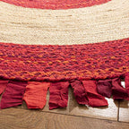SAFAVIEH Cape Cod Collection 4' Round Red / Natural CAP701Q Handmade Boho Fringe Jute & Cotton Area Rug - color: Red/Natural, size: 4' (Round)