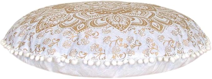 CRAFT KALA Mandala Floor Pillow Cushion Cover Seating Throw Cover Hippie Decorative Bohemian Ottoman Poufs Pom Pillow Cases Boho Indian Cotton Living Room Yoga Home Décor 24" Round, White Gold Flower