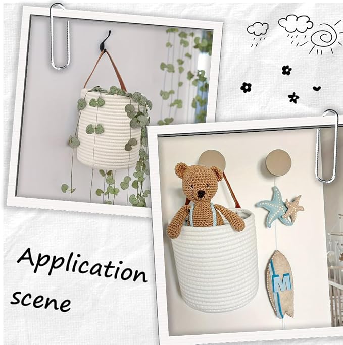 7.1 x 9.8 x 4.7 Inch Hanging Woven Basket Cotton Wall Basket with Handle White Rope Multifunction Macrame Closet Shelf Organizing Storage Wall Mounted Bin for Kitchen Room Fruit Plants Towels