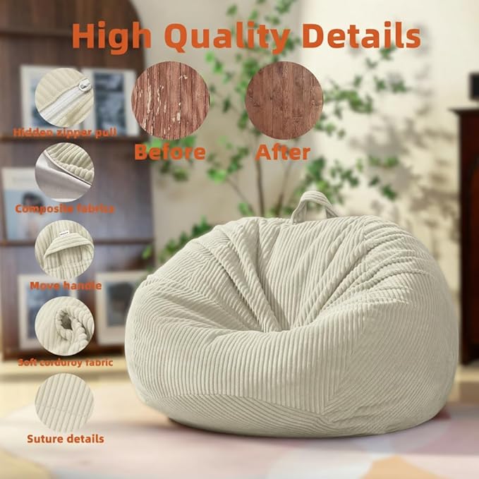 Stuffed Animal Storage Bean Bag Chair Cover (No Filler), Large Toy Storage Organizer & Comfy Kids Sofa Chair for Playroom, Teens Adults Toddler,Corduroy (White, Cover Only)