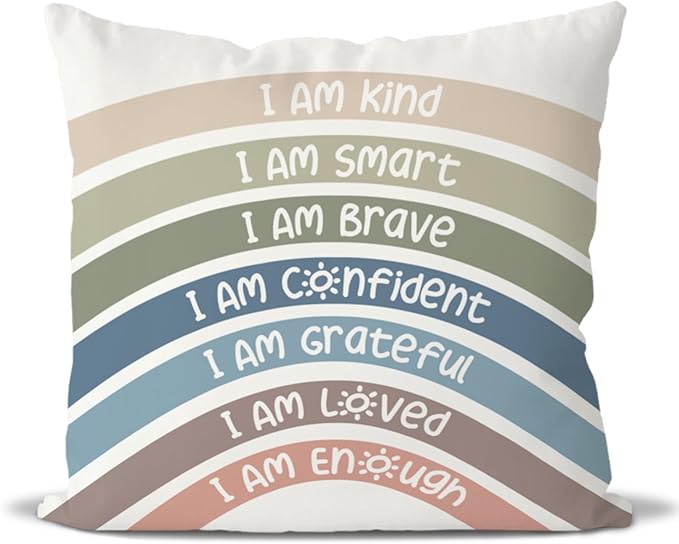 QIYUHOY Boho Rainbow Classroom Throw Pillow Covers, Book Center Calming Corner Playroom Decor Pillow Case, Reseda Pillow Cover, I Am Kind Smart Brave Confidence 20x20 Inch Pillowcase(reseda)