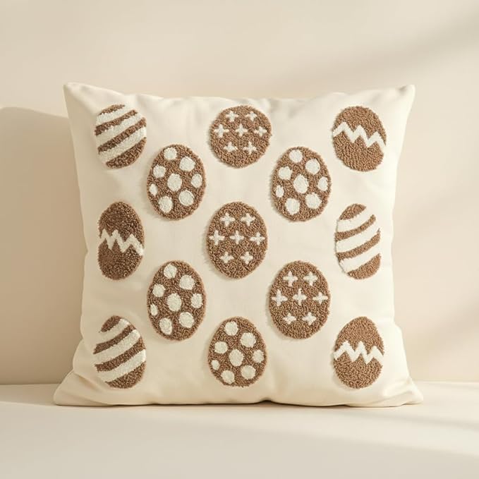 Jonhier Easter Throw Pillow Covers, Khaki Neutral Easter Egg Decorations with Tufted Embroidery, Boho Farmhouse Rustic Spring Indoor Decorative Pillows for Couch Sofa, 18x18 Inch, 1 PC