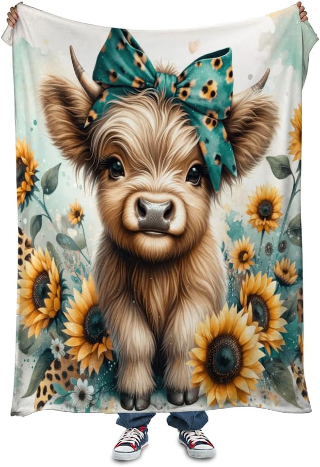 Teal Highland Cow Blanket Girl Gifts Western Farm Animal Sunflower Flannel Fleece Nursery Bed Blankets Soft Lightweight Funny Animal Cow Print Blanket Highland Cow Nursery Bed Decor 60"x80"