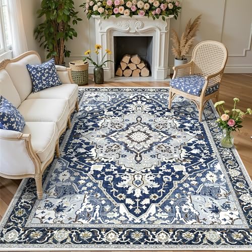 6x9 Dark Blue Boho Living Room Rug - Modern Floral Low-Pile Carpet for Dining Room Under Table - Lightweight Washable Foldable Bedroom Decor, Navy Blue Multi - color: Navy Blue& Multi, size: 6' x 9' (Rectangular)