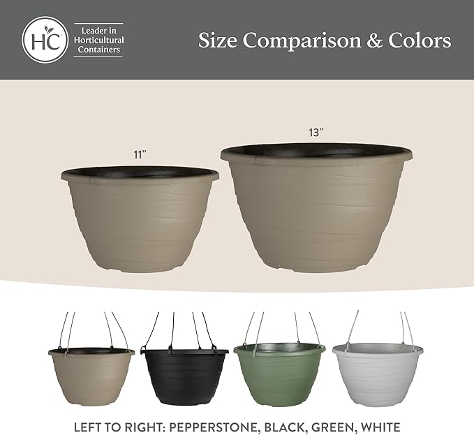 The HC Companies 13 Inch Wrapt Hanging Planters, Lightweight UV-Resistant Plastic Hanging Planters for Indoor & Outdoor Plants, 2-Pack Hanging Flower Pots for Garden, Patio & Home Decor, Black