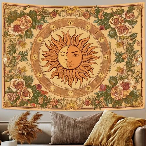 Gruaoihy Yellow Vintage Sun and Moon Tapestry, Boho Indie Aesthetic Constellation Wall Art with Floral Sunflowers for Bedroom Living Room Decor, Orange 36x48 inches - color: Vintage Sun and Moon, size: 48"L x 36"W